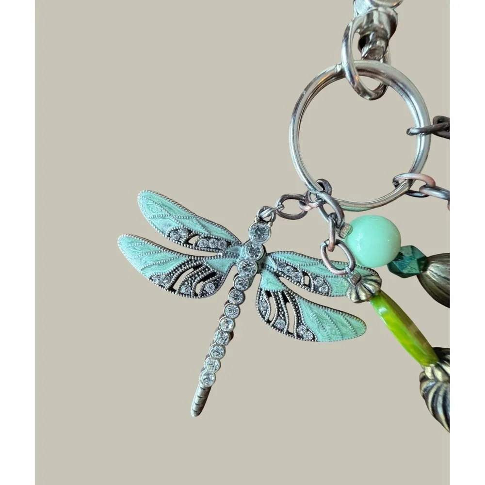 Green Dragonfly Enamel Rhinestone Beaded Bag Charm Keychain Silver Tone